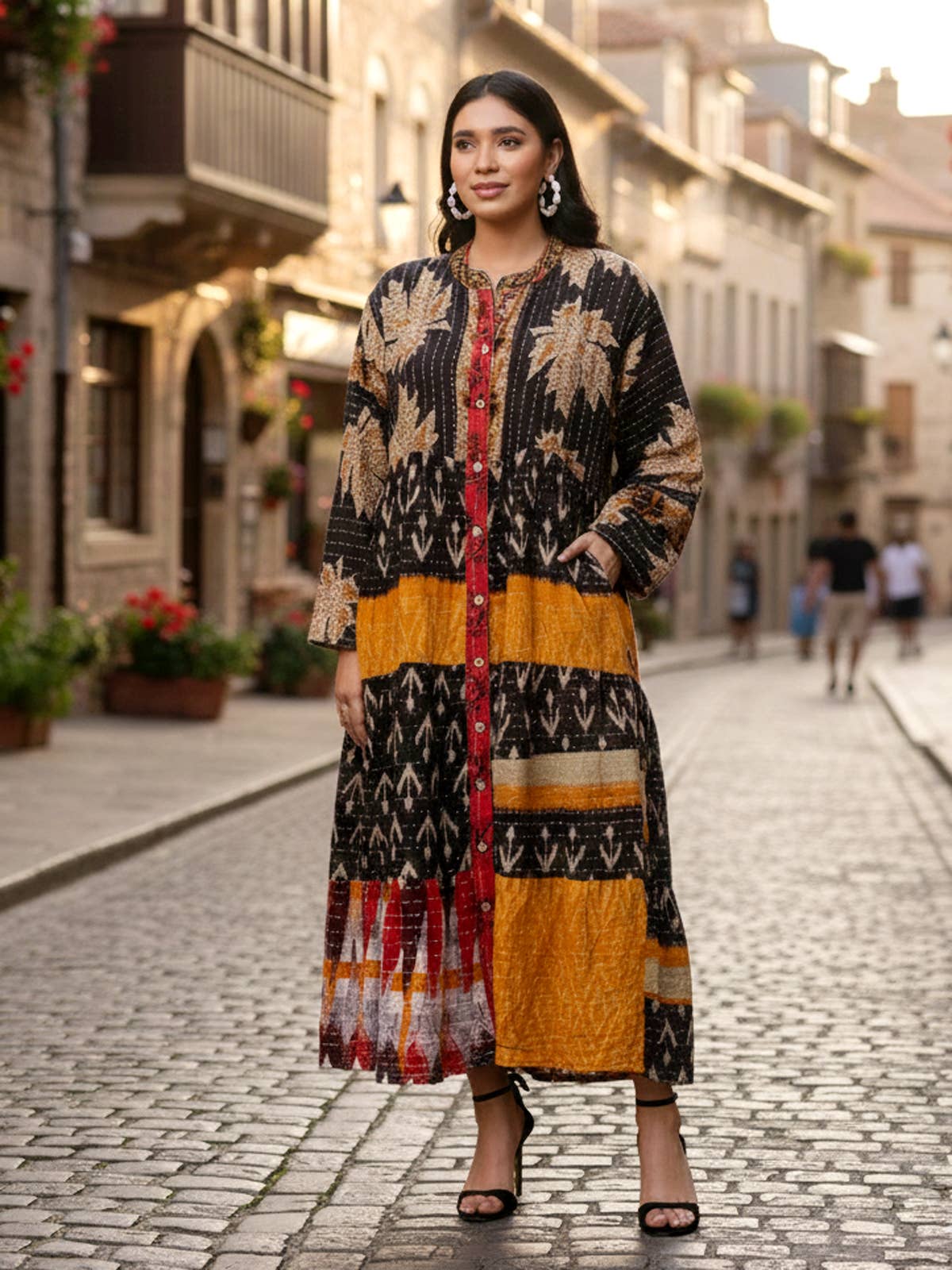 One-Size Kantha Cotton Button Down Long Dress