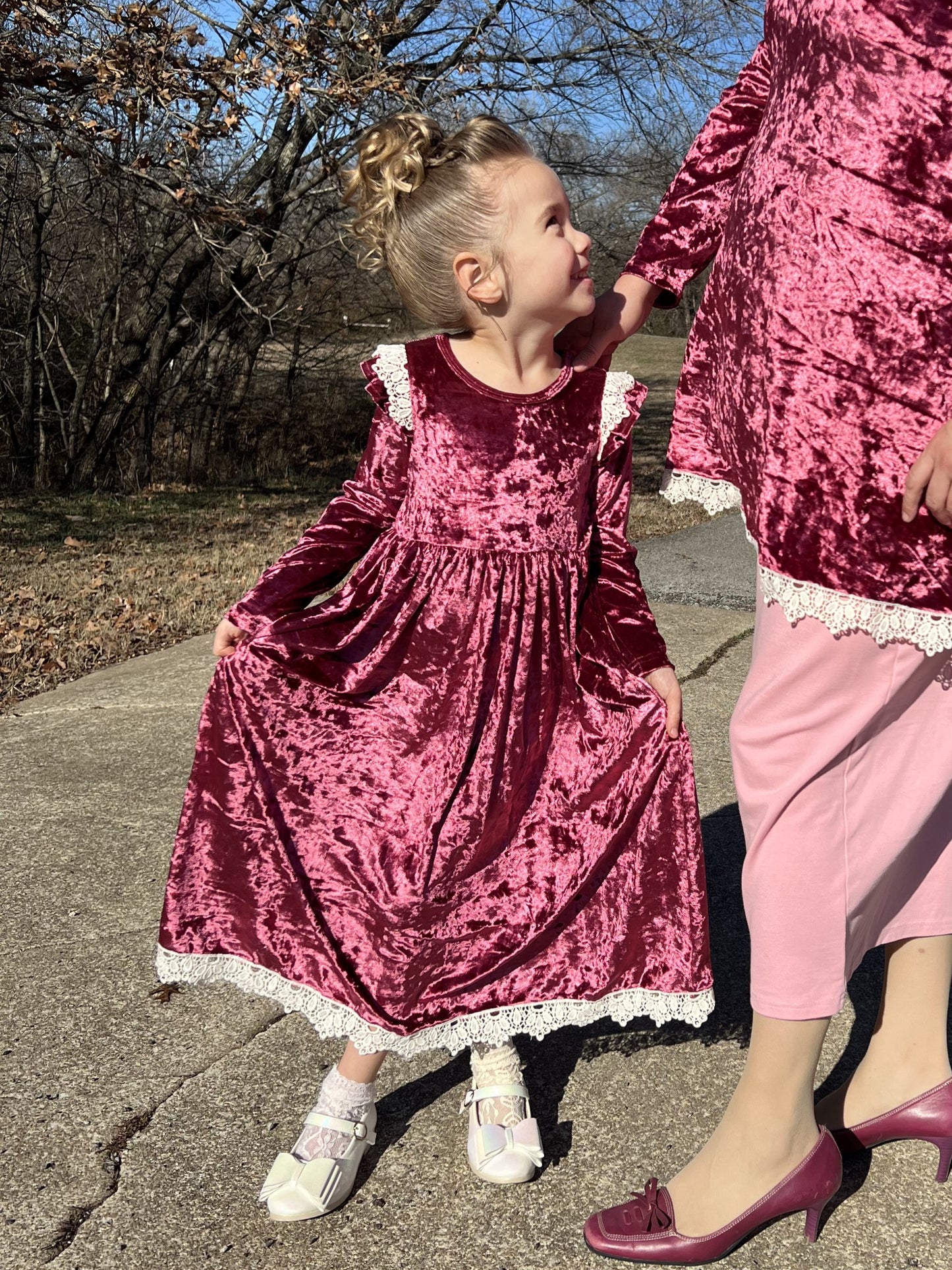 Girls' Velvet and Lace Dress (Rose)